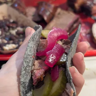 Who needs white bread when you have blue corn tortillas?! Taco made from the fixings and brisket.