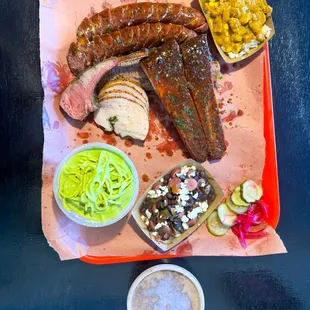 &quot;Tray for Two&quot; ($55), 1 lamb chopis ($10), 2 fajita sausages ($8 each), and a pint of green spaghetti ($12)