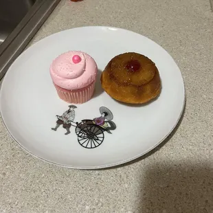 Pink champagne cupcake, and a mini pineapple upside down cake