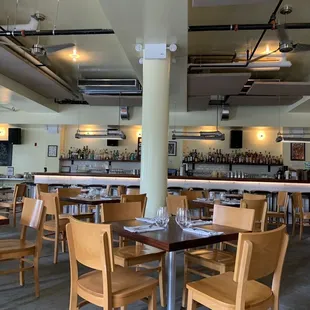 empty tables and chairs in a restaurant
