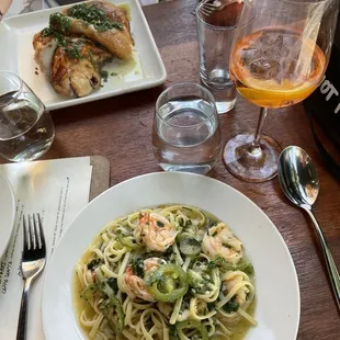 Shrimp linguine, chicken, aperol spritz