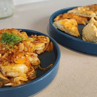 Gambas al Ajillo (lt) and Hummus w garlic (rt)