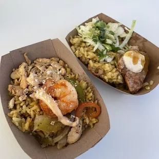 Barcelona Paella Bowl and Grilled Mahi Mahi Fish Bowl