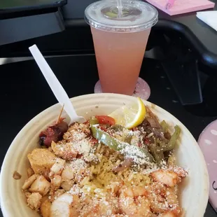 Paella Bowl with a side of lemonade