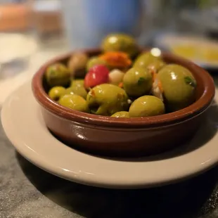 HOUSE MARINATED OLIVES - Garlic, Citrus, Thyme, Giardiniera