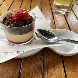 COPA DE CARAMELO dessert (salty caramel mousse, raspberries, chocolate crumble)