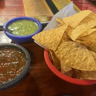 The salsas they bring to the table and chips.