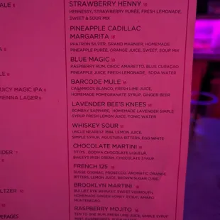 Cocktail menu