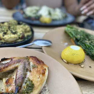 Peruvian Potatoes, romanesco Broccolini,  Trout and mustard chicken