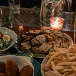 chicken nuggets, fries, chicken liver mousse