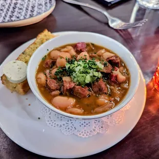 Butter beans, ham hocks, and cornbread