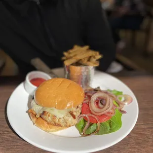 Chicken burger and fries