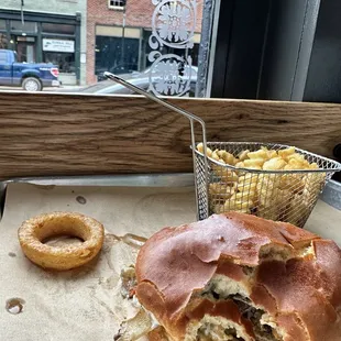 Bardstown burger, fries and a stolen onion ring.