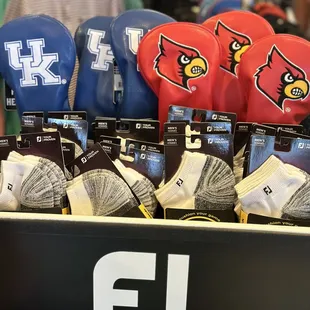 a display of golf head covers