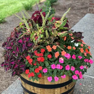 a barrel planter full of flowers