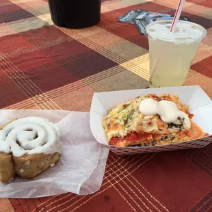 Breakfast chilaquiles, basil lemonade, and cinnamon roll with lemon icing. Something new for breakfast every Saturday!
