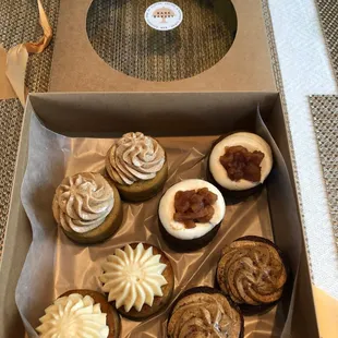 September 2020 Cake Tasting Box. Flavors are Spice Cake, Italian Cream Cake, Chocolate Cake, Vanilla Cake.