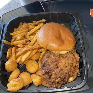 Barbecue Pulled Pork Sandwich, Fries &amp; Corn Nuggets. Yummy