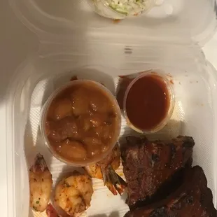 Ribs, shrimp, two sides