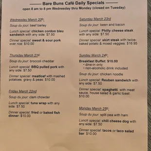 Daily specials menu
