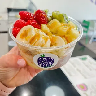 a hand holding a bowl of fruit