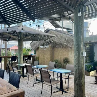 a patio with tables and umbrellas