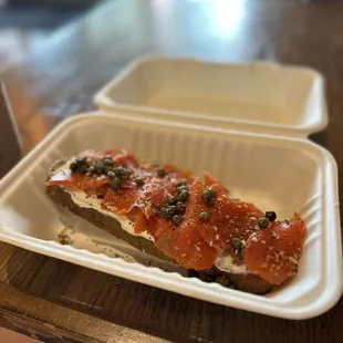 Wild lox - smoked salmon, cream cheese, capers, everything but the bagel seasoning, toast