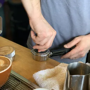 James showing us the tools on how to make the perfect espresso