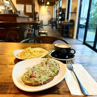 Cappuccino with the avocado mash and a side of scrabbled eggs