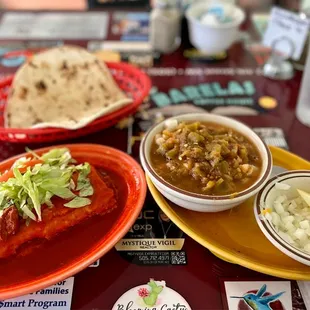 Green posole w/ homemade tortilla and tamale smothered in red. So awesome...