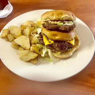 Barge XL burger ! YUM ! With American fries and iced tea