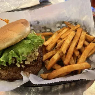 Black &amp; Blue burger with fries