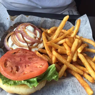 Black and Blue burger with fries