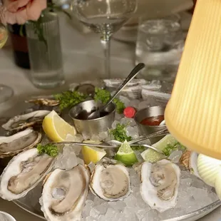 a platter of oysters on ice