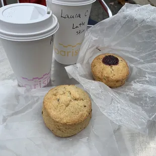 Iced Draft Latte, Latte, Lavender lemon scone, and  scone with jelly