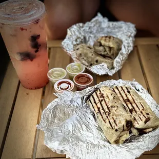Machaca ($10.60) and Chorizo ($7.60) burritos + 32oz Berry-ade ($5.85). 5/2024