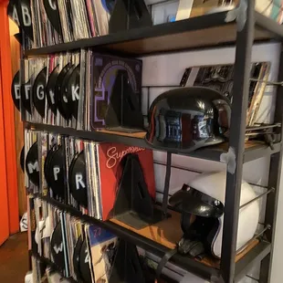 a rack of vinyl records