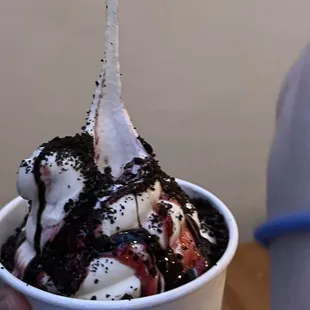 a person holding a cup of ice cream