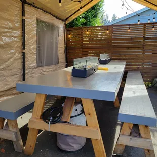 a picnic table in a tent