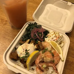 Combo plate with sisig, garlic shrimp, kale salad &amp; macaroni salad...plus a margarita slushie.