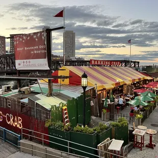 a view of a restaurant on the waterfront