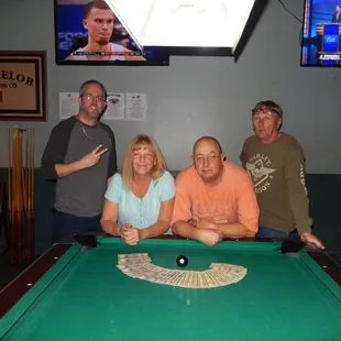 a group of people sitting around a pool table