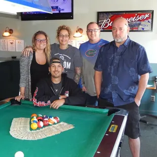 a group of people standing around a pool table