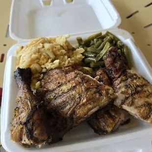 Chicken, green beans, macaroni and cheese