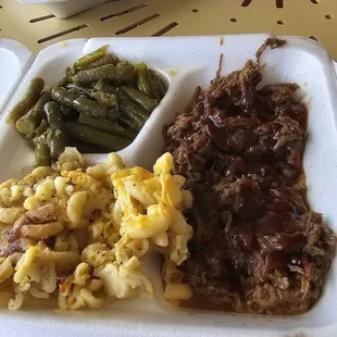 Brisket, green beans, macaroni and cheese