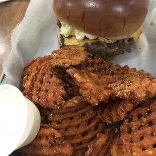 Sweet potato fries and the Marty McFly. Super crisp fries and soft buns with flavorful burger toppings!