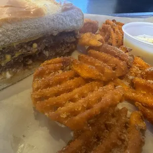 Maverick with sweet potato waffle fries and maple aioli