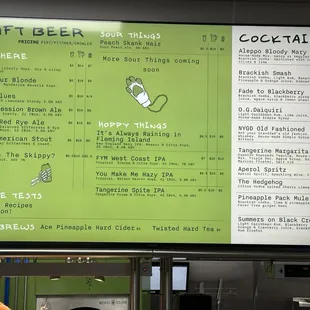 Craft beer and cocktails menu
