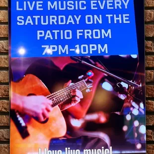 Live music every Saturday on the patio