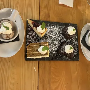 Gelato, Molten Chocolate Cake, 4-Layer Carrot Cake, Brownie, Creme Brulee Cheesecake